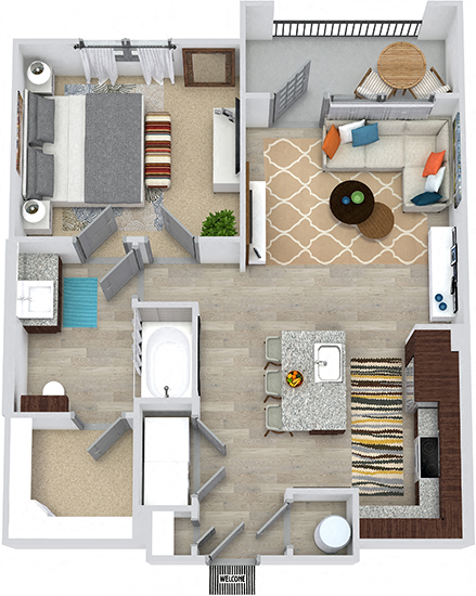 Floor plan for 1 bed, 1 bath, 728 sqft